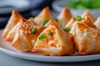 Golden crispy samosas filled with vegetables served on white plate with fresh herbs garnish for restaurant menu and cooking blog content.