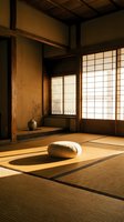 Traditional Japanese interior with tatami mats, shoji screens, wooden beams and meditation cushion in warm natural lighting for zen design projects.