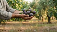 Farmer holding freshly harvested olives in hands at orchard during golden hour, showcasing agricultural produce and sustainable farming practices.