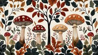 Whimsical forest scene with red spotted mushrooms among autumn leaves and branches, creating enchanting woodland pattern. Seamless repeat design for fabric and wallpaper.
