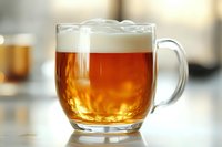 Glass mug filled with amber beer showing rich color gradients and topped with creamy white foam head, photographed against soft blurred background.