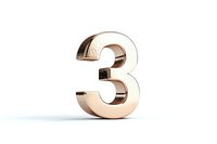 Metallic rose gold number three standing on white surface with soft shadow, isolated design element for counting, anniversary or ranking purposes.