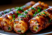 Juicy bacon-wrapped chicken breasts garnished with fresh herbs on dark plate, close up view showing golden crispy texture and savory glaze for food photography.