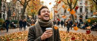 Happy young Caucasian man in cozy scarf holding coffee cup outdoors during autumn season with falling leaves in urban park setting for lifestyle content.