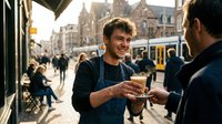 Young man with curly brown hair and light skin, wearing casual denim shirt, smiling while exchanging food with another person on a busy urban street with historic architecture and yellow tram in background.