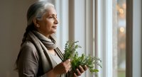 Senior woman with gray hair and light skin tone holding fresh green herbs by window, representing wellness, natural remedies, and healthy lifestyle choices for mature adults.