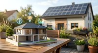 Smart home model with solar panels and energy efficiency icons on wooden table in residential neighborhood with sustainable green technology concepts.