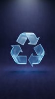 Glowing glass recycle symbol floating on dark blue textured background, spotlit for eco, sustainability, and environmental awareness concepts.