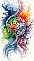 Colorful artistic brain with swirling elements representing creativity, psychology and mental processes in vibrant rainbow colors on white background.