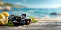 Fresh mussels with lemon slices on wooden table against blurred turquoise sea background, perfect for seafood restaurant menu or cooking blog.