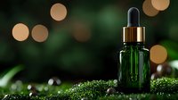 Green glass dropper bottle with gold cap on sparkling glitter background against dark bokeh lights, luxury cosmetic product photography for beauty and skincare.