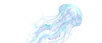 Ethereal jellyfish with flowing translucent tentacles in soft blue and purple watercolor style on white background for marine art and ocean-themed designs.