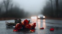 Red roses lying on wet asphalt road with car headlights in foggy distance, fallen petals scattered around creating moody atmospheric scene with romantic symbolism.
