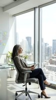 Mature businesswoman with gray hair sitting in modern office chair by window overlooking city skyline, holding tablet in bright corporate workspace.