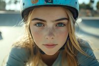 Young blonde woman with freckles wearing turquoise skateboard helmet looking at camera with blue eyes in urban skate park setting during golden hour.