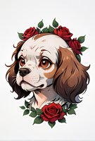 Cavalier King Charles Spaniel portrait with red roses and green leaves frame on white background, stylized art for prints and merchandise designs.