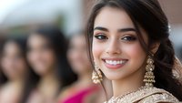 Young South Asian woman wearing traditional gold chandelier earrings and beige sari smiles warmly at camera, with soft blurred background showing wedding guests.