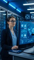 Professional Caucasian woman data analyst working with advanced analytics dashboard in modern tech control room with blue ambient lighting and multiple monitors.