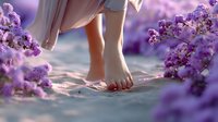 Barefoot woman standing on sandy beach surrounded by blooming purple flowers, creating dreamy romantic atmosphere with soft natural lighting and bokeh effect.