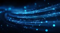 Glowing blue light trails with bokeh effects create dynamic motion against dark background, suitable for technology and communication concepts.