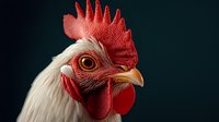White rooster head with bright red comb and wattles against dark background for poultry farming and agricultural design projects.