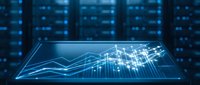 Futuristic holographic data visualization with glowing blue charts and graphs floating above digital tablet in modern server room environment.