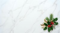 Festive evergreen arrangement with red berries and gold leaves on marble background, suitable for holiday greeting cards, seasonal marketing materials, and winter celebration designs.