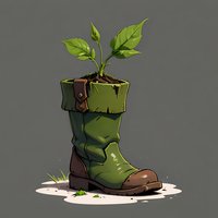 Green leather boot with sprouting plant seedling, soil, and leather strap detail on gray background, stylized fantasy illustration for environmental concepts.