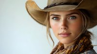 Portrait of young woman with freckles wearing cowboy hat and western-style scarf against neutral background, conveying authentic country lifestyle.