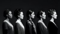 Five diverse women in profile view showcasing different ethnicities and hairstyles in artistic black and white portrait composition for multicultural concepts.