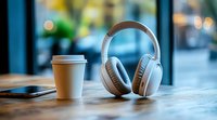 White wireless headphones and disposable coffee cup with smartphone on wooden table in cafe, blurred background with bokeh lights and window view.