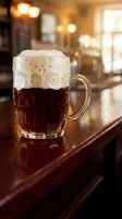 Fresh dark beer with foam head in glass mug on wooden bar counter in warm pub atmosphere for hospitality and beverage marketing.