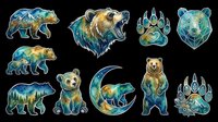 Watercolor bear and paw print designs isolated on transparent background. Ready for t-shirt printing, stickers, sublimation, clipart, and print-on-demand products. Features multiple bear illustrations and wildlife paw prints.