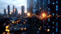 Glowing stock market graph overlay on blurred urban cityscape with bokeh lights, combining financial data visualization with modern architecture at dusk.