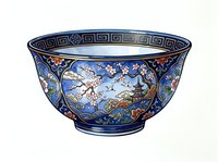 Ornate porcelain bowl with blue glaze, featuring hand-painted cherry blossoms, birds, and traditional Asian motifs. Decorative geometric border pattern. Isolated on white background, suitable for design, print, and cultural artwork projects.