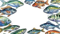 Colorful watercolor fish frame border on white background with copy space for text, marine life illustration perfect for seafood restaurant menus.