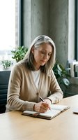 Mature woman with gray hair, Caucasian ethnicity, wearing beige cardigan over white top, writing in notebook at wooden desk in modern office with potted plants and concrete columns.