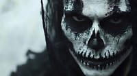Skeletal skull face makeup with white and black paint on male face, dramatic horror character design for Halloween, theatrical performances, costume events, and dark fantasy productions.