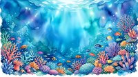Underwater coral reef scene with colorful marine life, tropical fish, and sunlight rays streaming through blue ocean water for aquatic designs.