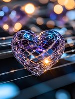 Glowing crystal heart on piano keys with bokeh lights background creates romantic atmosphere. Decorative glass ornament reflects blue and purple hues.