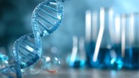Glowing blue DNA helix structure with laboratory glassware in background, genetic research concept for medical and scientific publications.