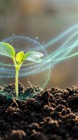 Young green plant seedling emerging from soil with futuristic digital sphere and glowing energy rays representing growth, innovation and environmental protection.