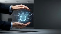 Young adult male professional in business attire holding glowing water droplet hologram between hands, representing sustainable technology, environmental conservation, and digital innovation for corporate solutions.