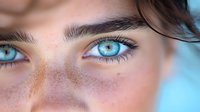 Close-up of young Caucasian woman with striking blue eyes, natural freckles, and minimal makeup showing authentic beauty against soft blue background.
