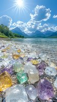 Colorful healing crystals and gemstones scattered on mountain lake shore under bright sunlight, with majestic peaks and fluffy clouds in background. Natural wellness scene.
