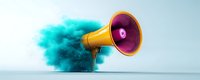 Yellow megaphone emitting dynamic turquoise powder cloud explosion against light background, representing powerful communication and creative marketing impact.