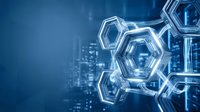 Abstract hexagonal molecular structure on blue background with digital particles for science technology and chemistry research applications.