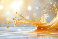 Dynamic golden liquid splash with droplets against soft bokeh background, capturing motion and light in high-resolution macro photography.