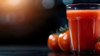 Fresh tomato juice in glass with ripe red tomatoes on dark background, healthy vegetable drink with natural ingredients, selective focus and bokeh effect.