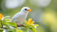 White exotic bird with bright blue eyes and orange beak perched on yellow tropical flower branch against soft blurred natural green background. Peaceful wildlife scene.